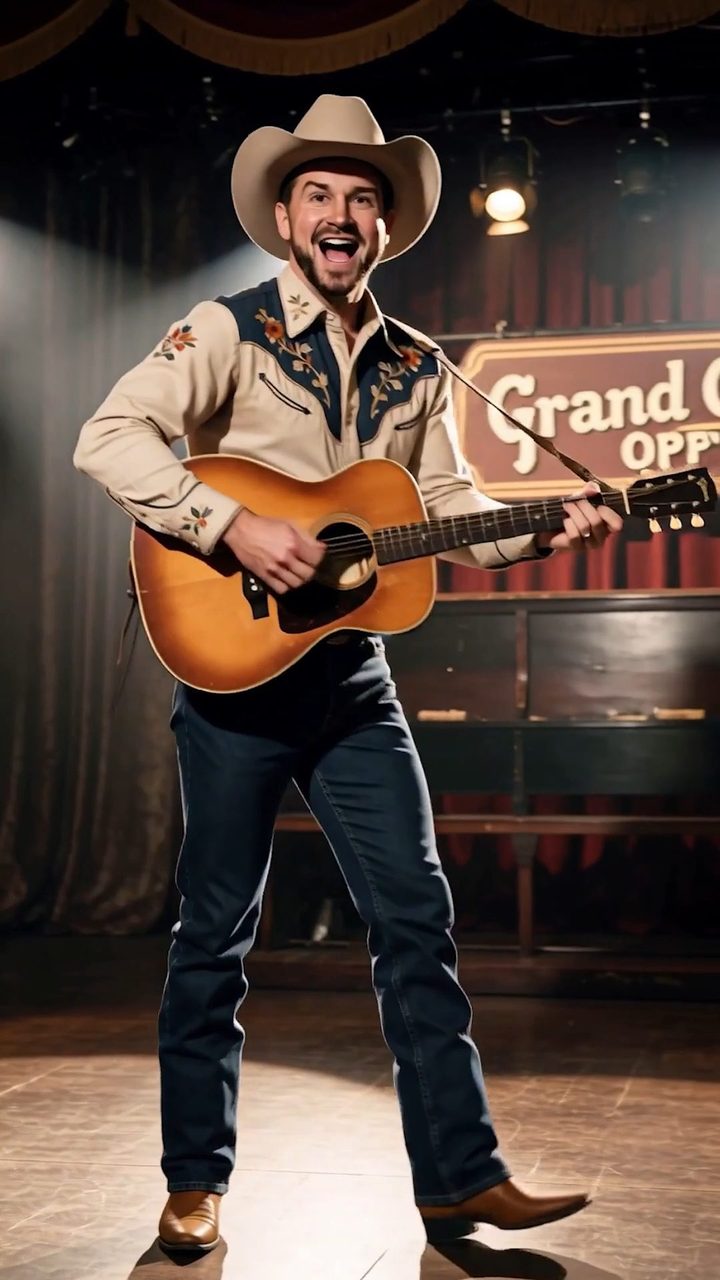 A singer in a cowboy hat performing with an acoustic guitar on a theater stage